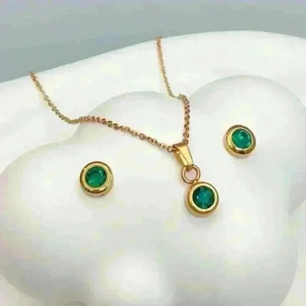 Emerald Green Jewelry Set Necklace and Earrings 18k Gold over Sterling Silver